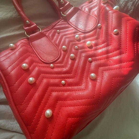 Handbags - Red Quilted Handbag with Pearl Accents
